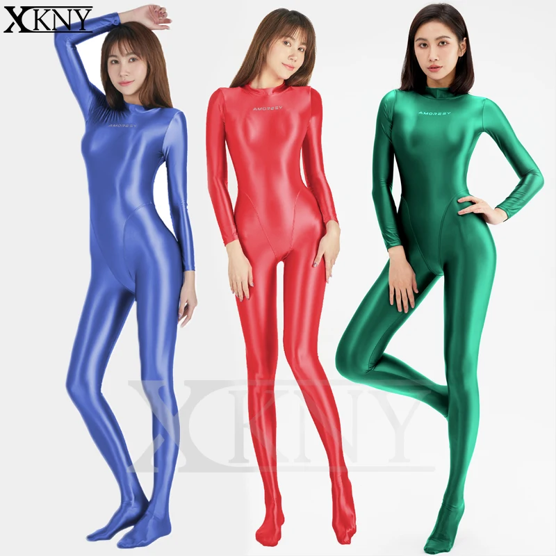 

XCKNY Shiny Long Sleeve Full Length Oil Tights Smooth Running Overalls Yoga Zentai Casual Sport Suits Jumpsuits Catsuits AMORESY