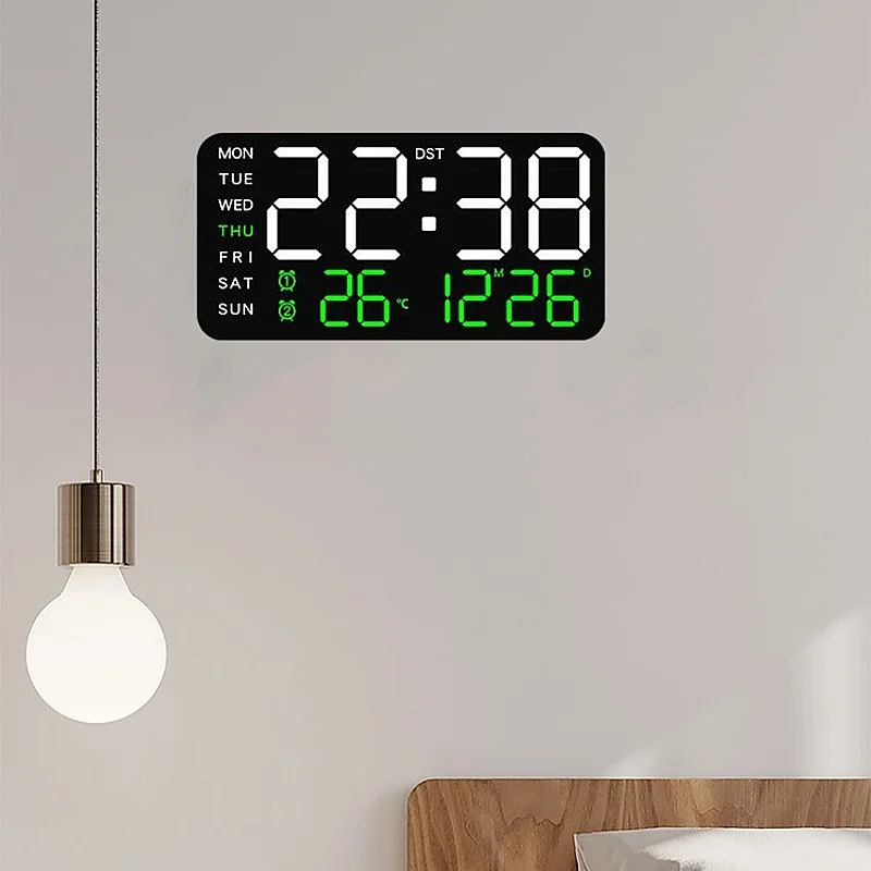 Voice Control Digital Wall Clock TEMP Date Week 2 Alarm Snooze Table Clock DST 5 Level Brightness Auto Dimmable 12/24H LED Clock