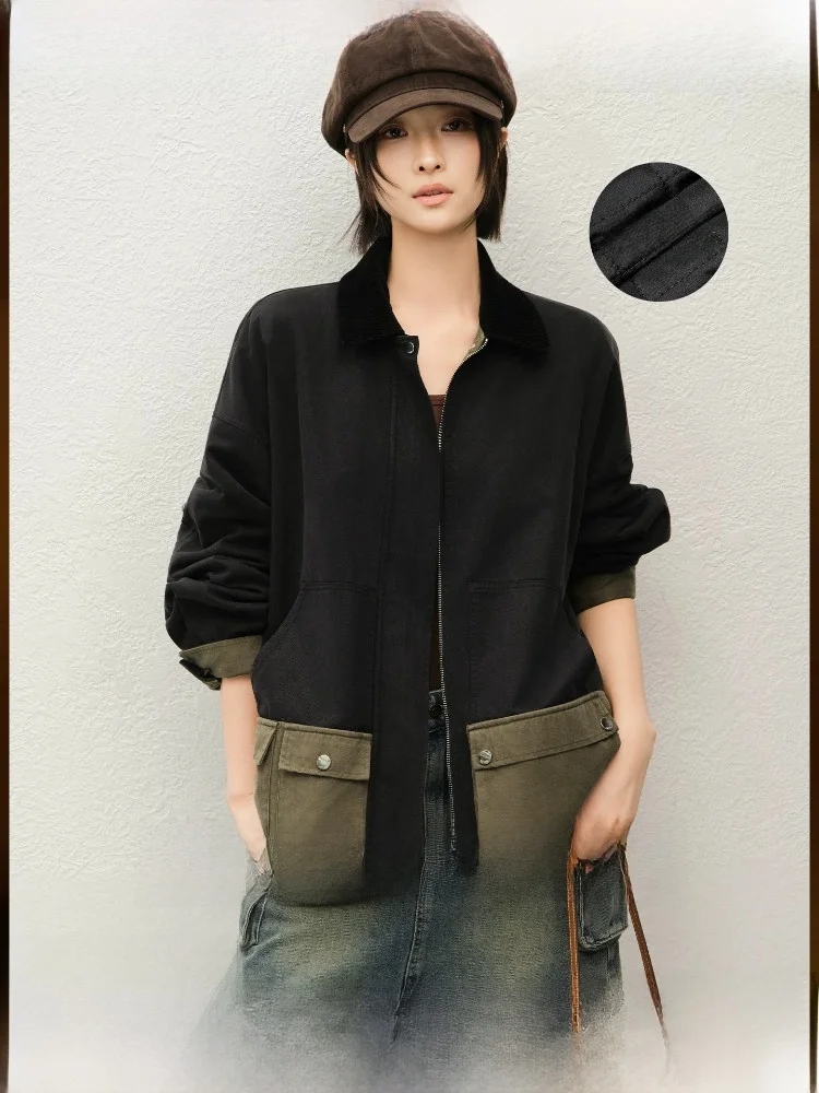 

MeiYang Women's Loose Fit Corduroy Jacket with Patchwork Design Regular Sleeve Long Zipper Closure No Inner Spring Season