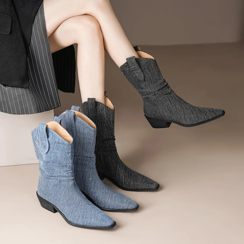 

2023 new autumn winter Women ankle boots 22-25CM denim upper square toe modern boots Pleated thick heel Western boots