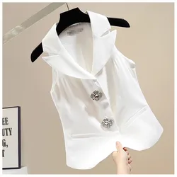 2024 French Hanging Sexy Neck Vest Top Women's Summer New High Quality White Diamond Buckle Backless Slim Sleeveless Suit Shirt