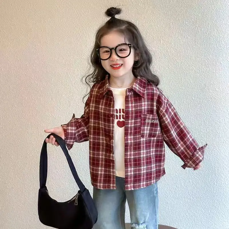 Little Girl's Stylish Checkered Long Sleeved Spring and Autumn Shirt for Baby Girls 2025 New Fashionable Loose Shirt