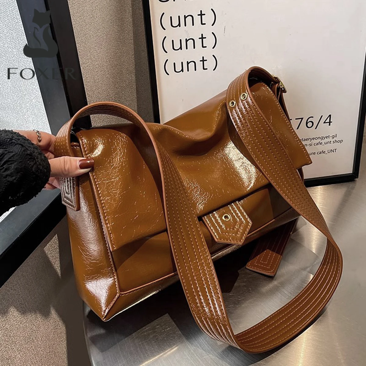 

FOXER 2025 Autumn Winter New Women's Shoulder Bag Simple Large Tote Bag Split Leather + PU Female Soild Crossbody Bag Purse