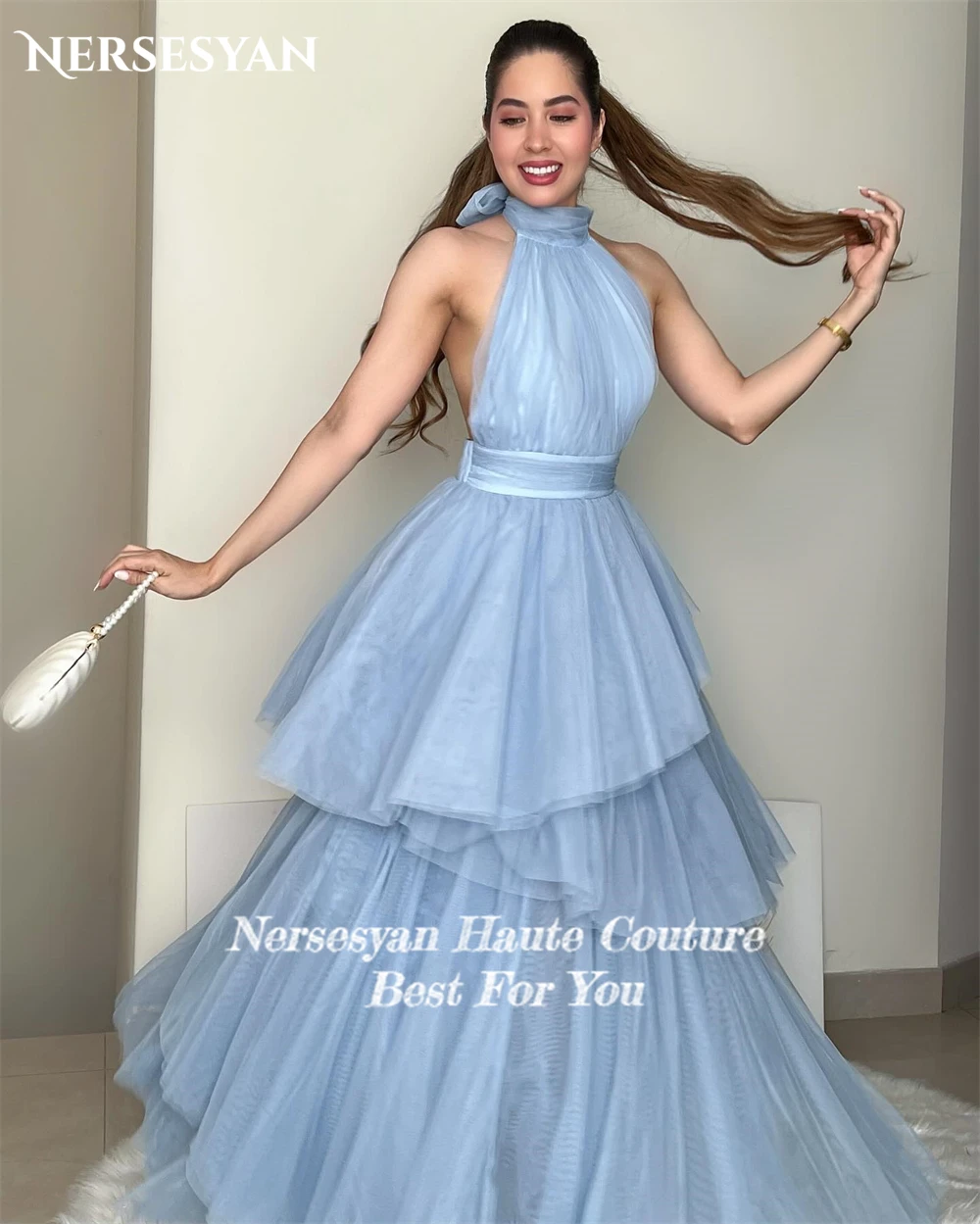 Nersesyan Baby Blue Tulle Formal Prom Dresses Halter Backless A-Line Evening Dress Tiered Ruffles Graduation Party Gowns Solid