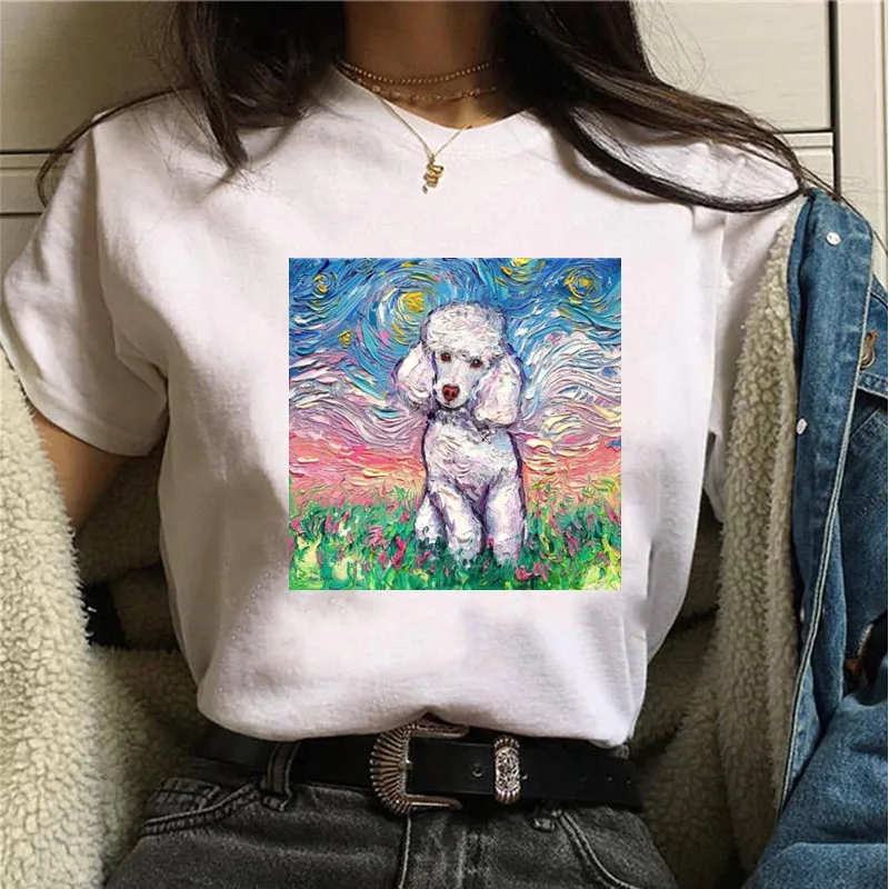 女性用半袖プリントTシャツ,コーリー,原宿犬柄シャツ,面白い女性用トップス,白いpoodle,スターナイト,グラフィックファッション