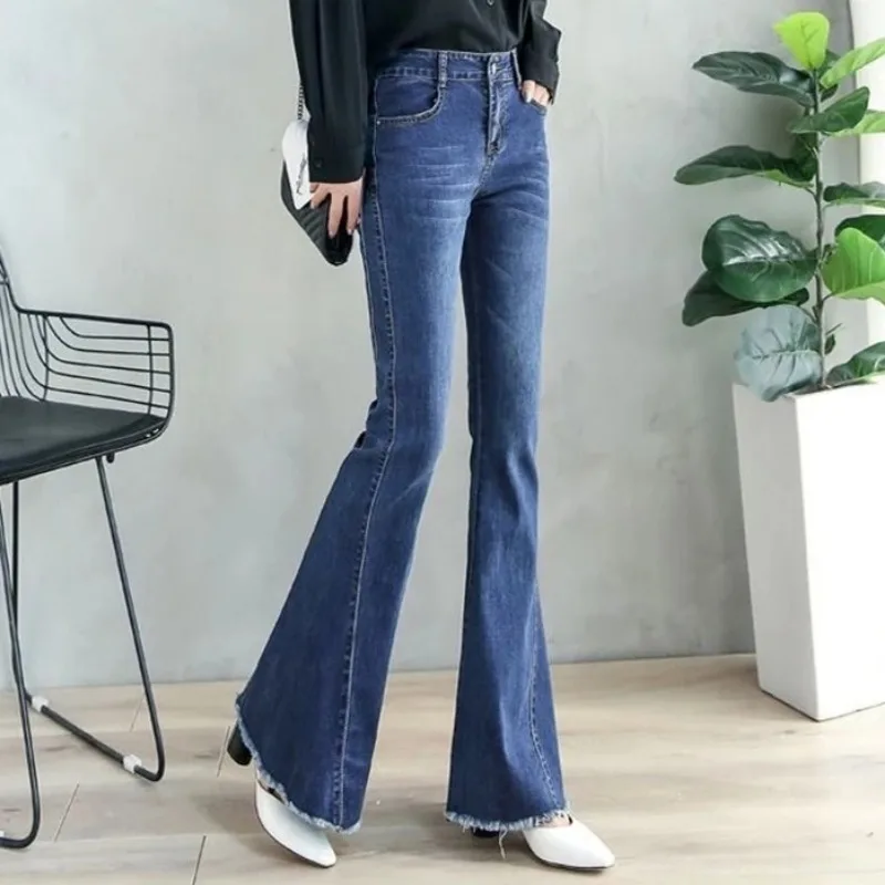 

Casual Spring Fall High Wasit Stretch Denim Pants Korean Streetwear Women's Vaqueros Slim Jeansy Pantalones Skinny Flare Jeans