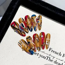 Handmade Press on Nails Vintage Egyptian Hand paint Line Fake Nail Tips Wearable Detachable Colorful Long Almond False Nail Tips