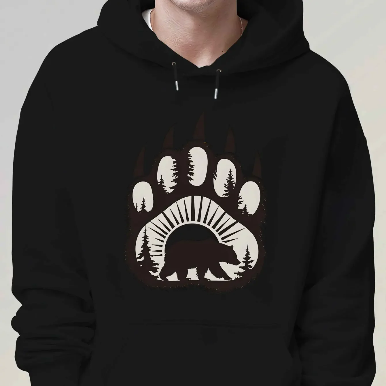 Autumn and winter new men's and women's hooded long sleeved hoodie, trendy forest and bear prints, comfortable and soft fabric