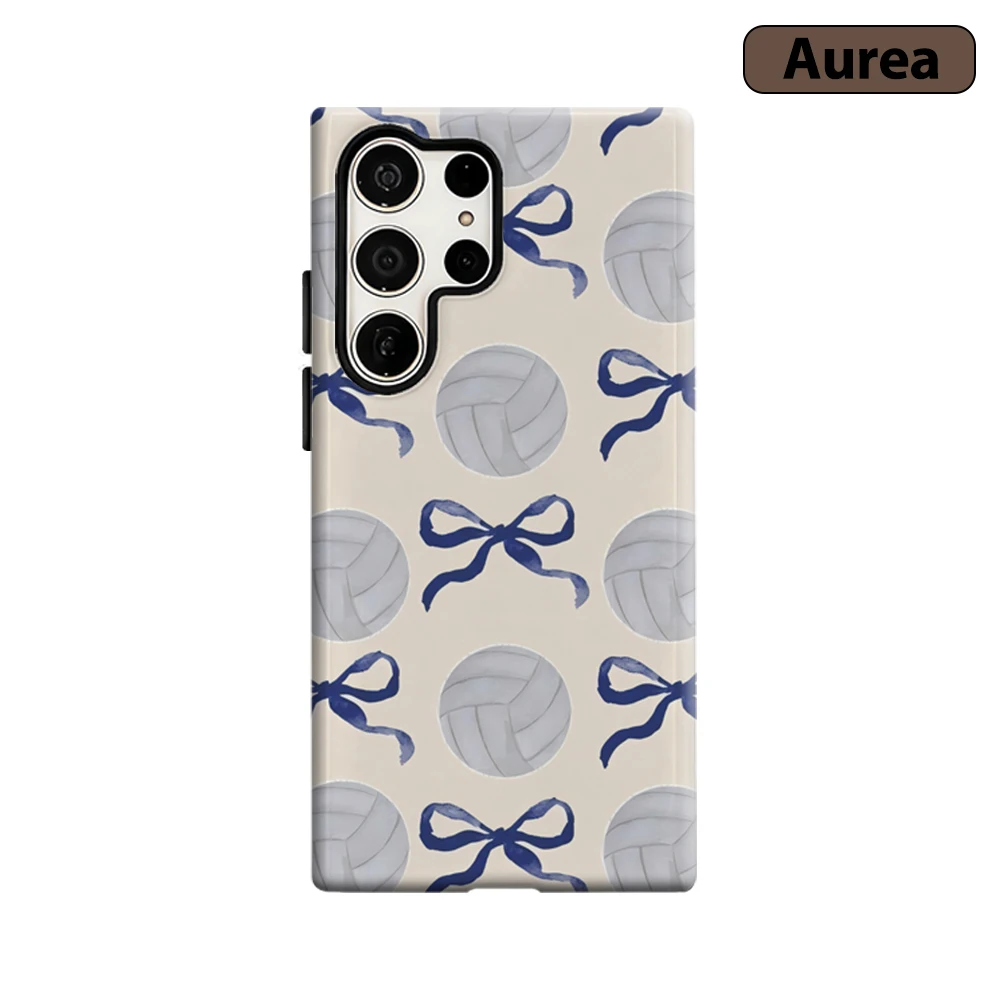 Navy Bow & Volleyball Phone Case for Samsung Galaxy S25 Ultra S24 S23 Ultra Plus Shockproof Double Layer Tough Back Cover