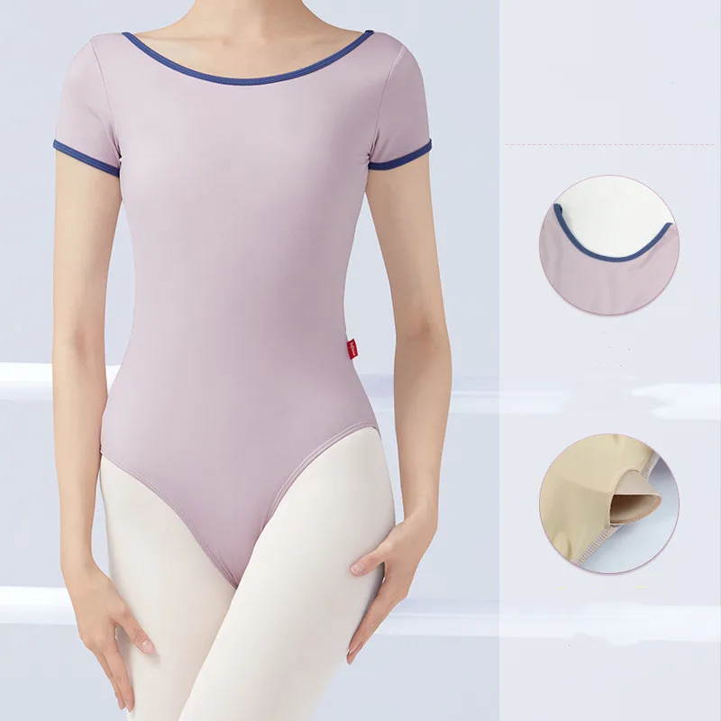 Ballet Leotard Dancewear Women Short Sleeve Deep V Back Gymnastics Skate Dance Wear Dance Leotard Bodysuit Swimsuit