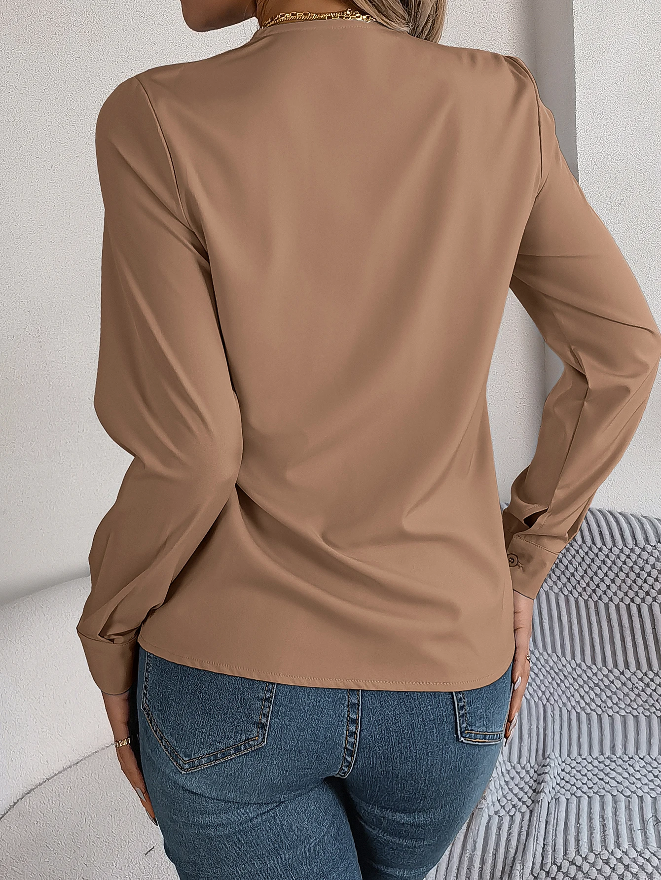 Casual Solid Color V Neck  Long Sleeve Blouse For Spring & Fall, Women\'s Clothing