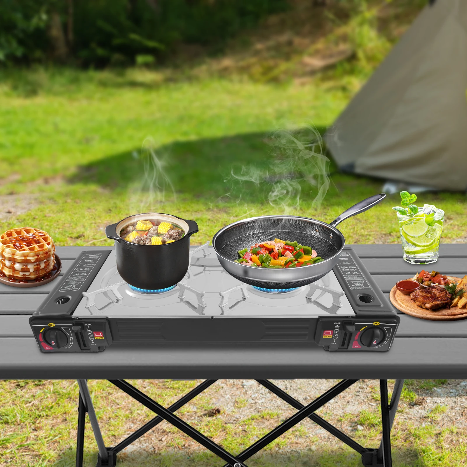 

2100-2500W Dual Head Barbecue Gas Stove Portable Camping Barbecue Stove with Baking Tray