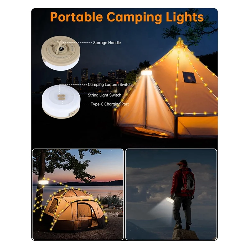 2-In-1 Outdoor Camping String Light With 5 Lighting Modes,Portable Led Camping Lantern For Tent,Yard,Decoration(32.8FT)