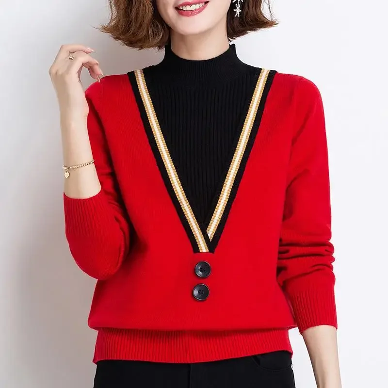 

Elegant Half High Collar Button Spliced Fake Two Pieces Sweaters Women's Clothing Autumn New Casual Pullovers Korean Tops N272