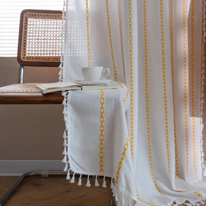 Solid Color Multi-line Finished Curtain for Bedroom Living Room Rural Embroidery Textured Window Curtain 1 Panels Tassel Drapery