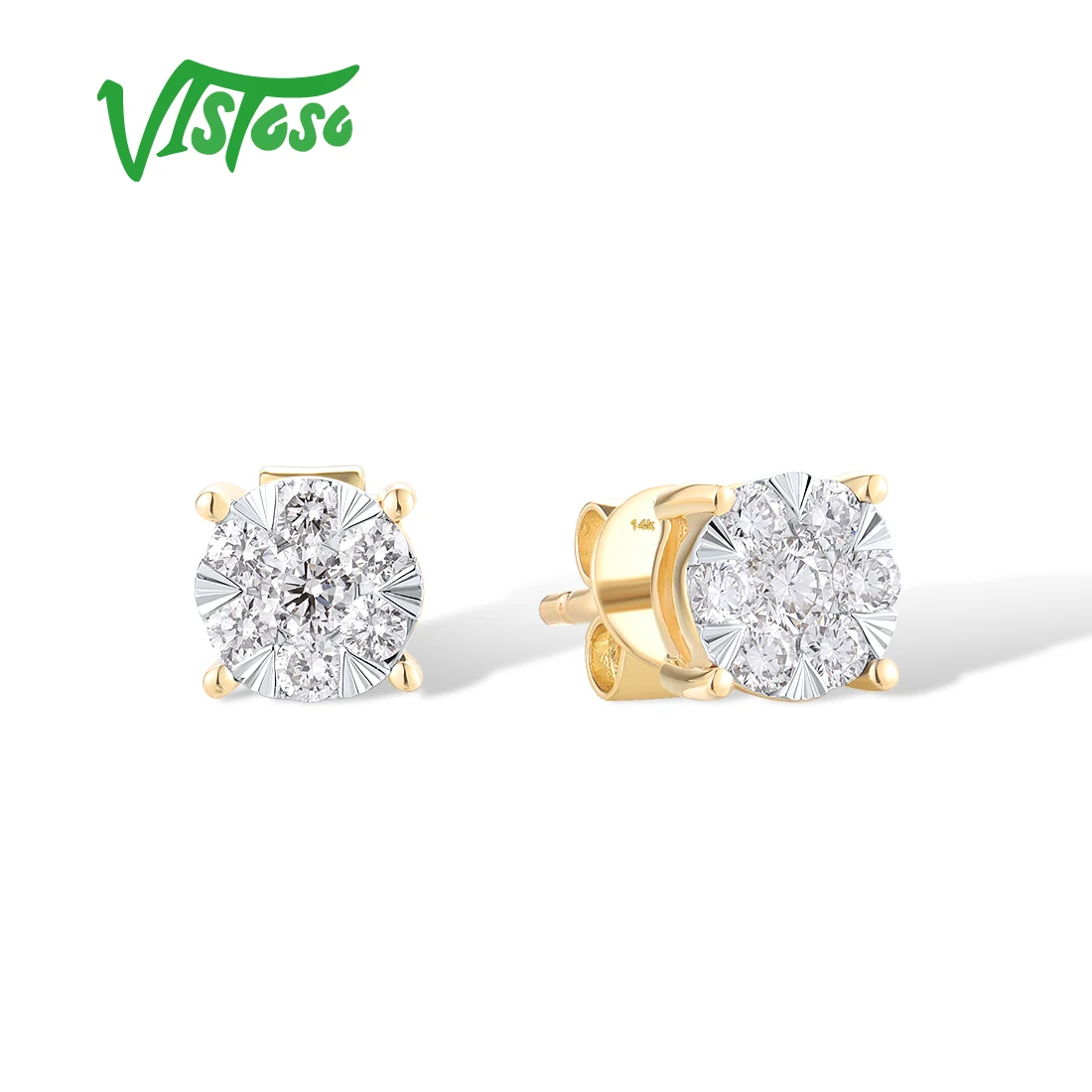 VISTOSO Gold Earrings For Women 14K 585 Rose Gold Sparkling Diamond Dainty Round Cirle Stud Earrings Fashion Trendy Fine Jewelry