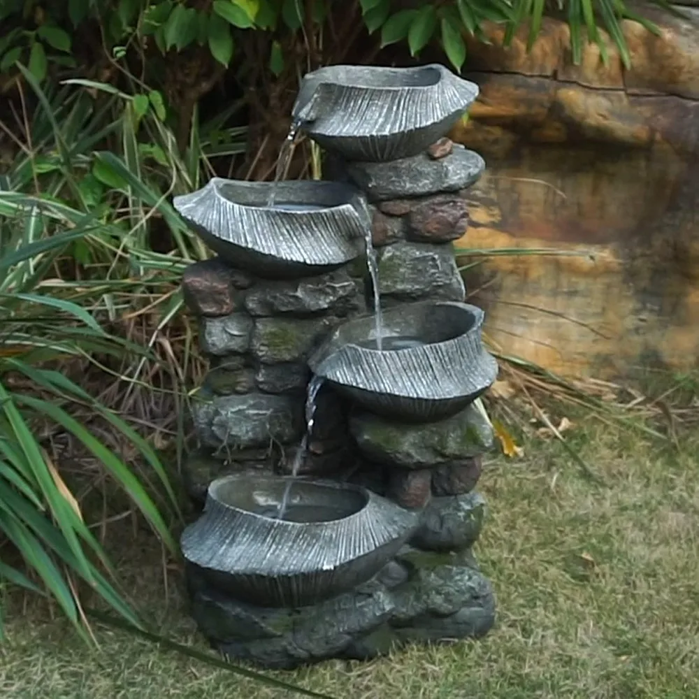 Water Fountain, 4-Tier Polyresin Cascading Rock Bowl Freestanding Fountain With LED Ligh, Garden Water Fountains