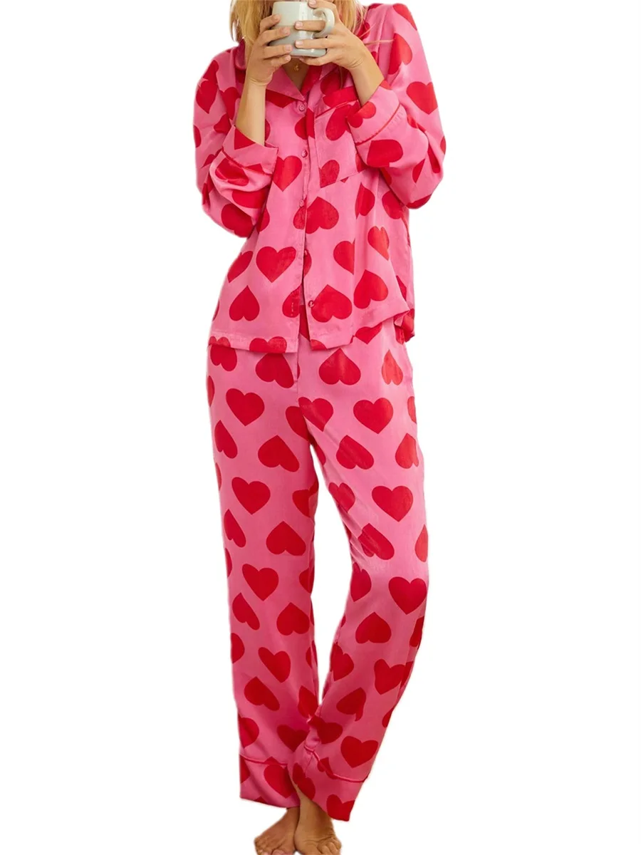 Women’s Two Piece Pajama Set Casual Long Sleeve Heart Print Shirt and Pants Set Loungewear