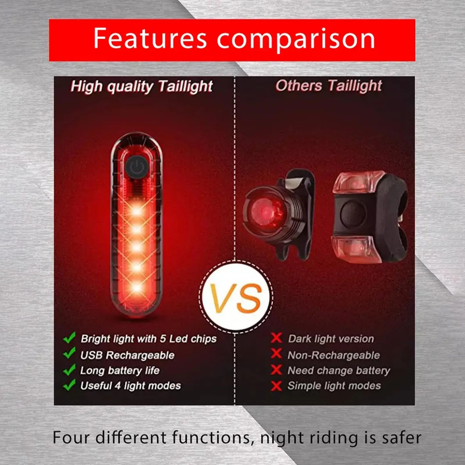 Bicycle Rear Light Waterproof USB Rechargeable LED Safety Warning Lamp Bike Flashing Accessories Night Riding Cycling Taillight