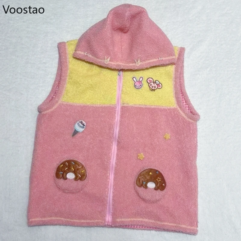 Y2k Aesthetic Sweet Lolita Vest Women Japanese Cartoon Bunny Embroidery Warm Plush Coat Harajuku Girls Hooded Jackets Waistcoat