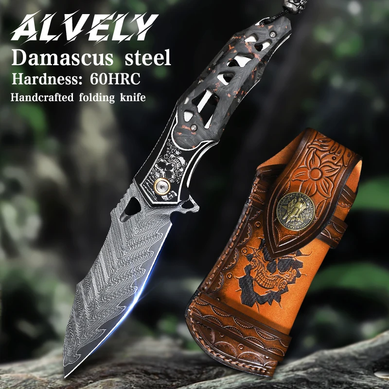 

Мужской складной карманный нож, лезвие из дамасской стали, кожаный чехол и карманный зажим, приключенческий на открытом воздухе, нож EDC для пешего туризма и кемпинга