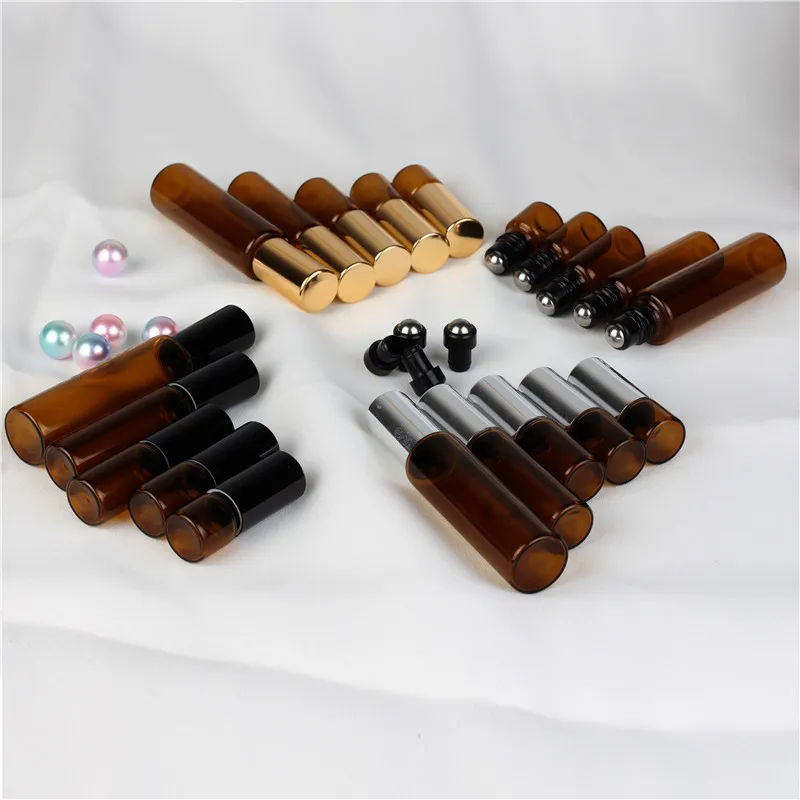 

50Pcs 1-10ml Amber Glass Roll Bottle Empty Vials with Stainless Steel Metal Roller Ball for Essential Oils Perfume Aromatherapy