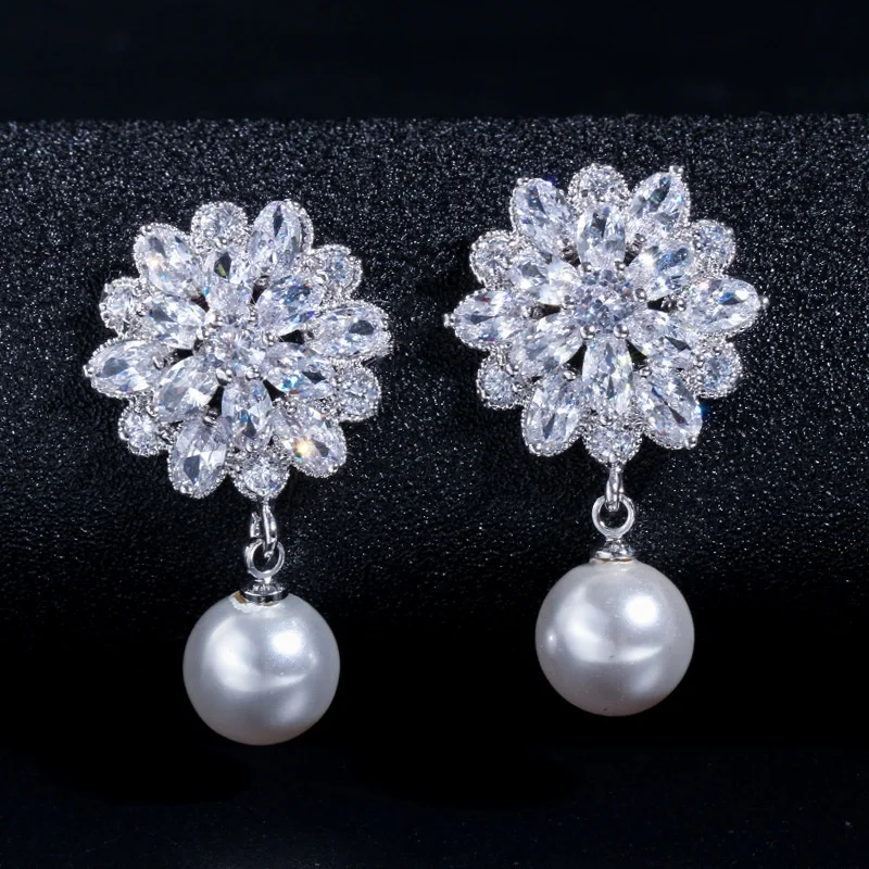 Huitan Flower Design Women Imitation Pearl Drop Earrings Aesthetic Wedding Engagement Trendy Accessories Lady Jewelry with CZ