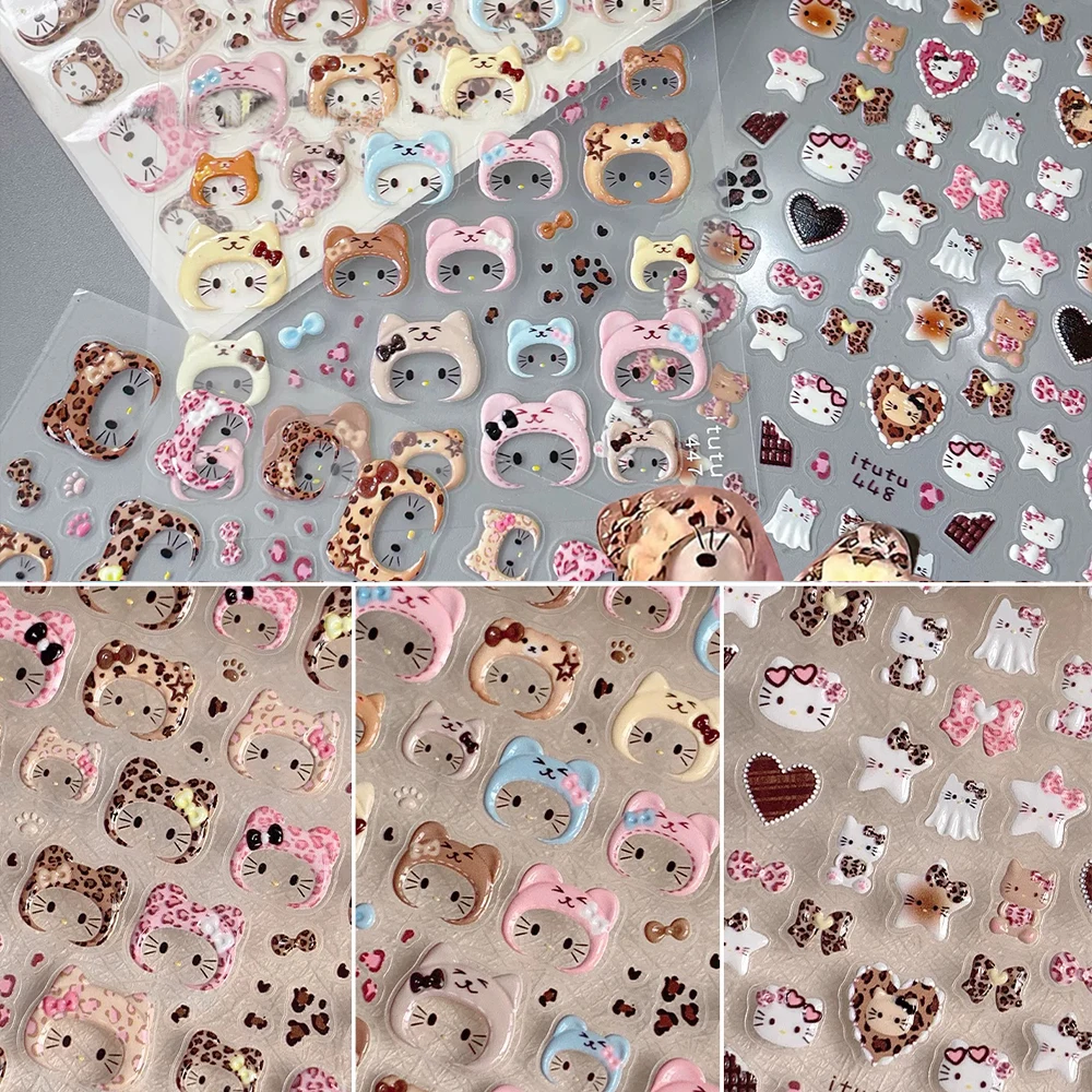 

2/3Pcs Kawaii Leopard Print KT Hat Nail Art Sticker 5D Cartoon Hello Kitty with Headgear Nail Slider Korean Manicure Sticker Dec