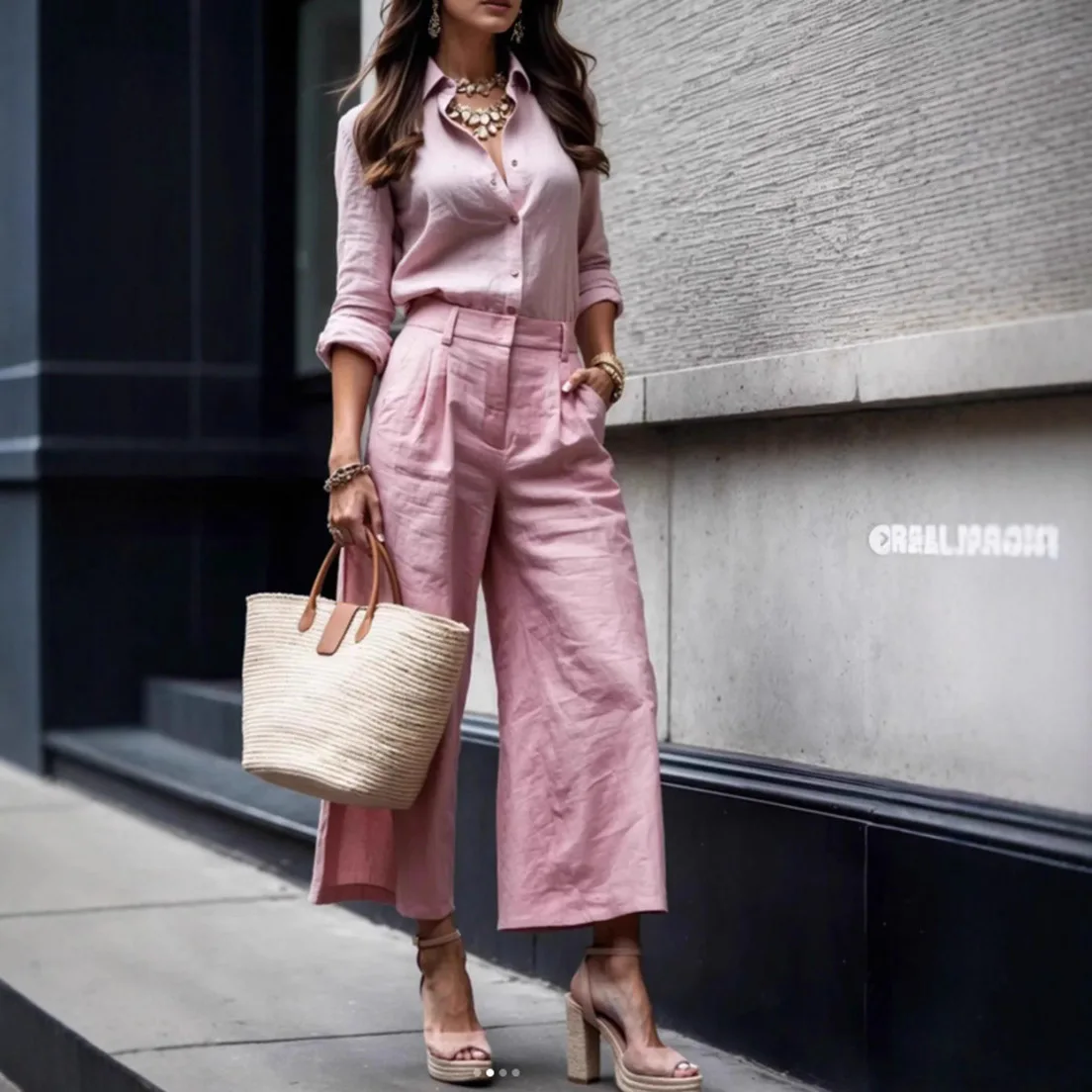 

Новый модный повседневный кардиган для поездок на работу, топ с длинными рукавами, широкие брюки, комплект из двух предметов, женский элегантный однотонный комплект брюк