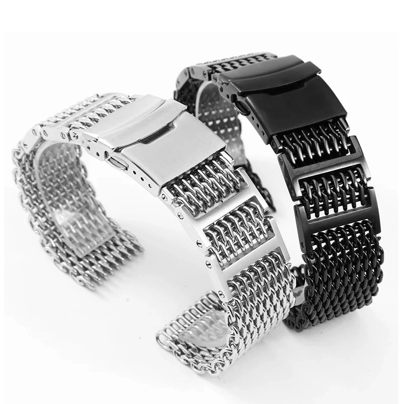 Universal Brands Flat Straight Mouth Solid Steel Watch Strap With 20/22/24mm Cool Shark Stainless Steel Mesh Chain