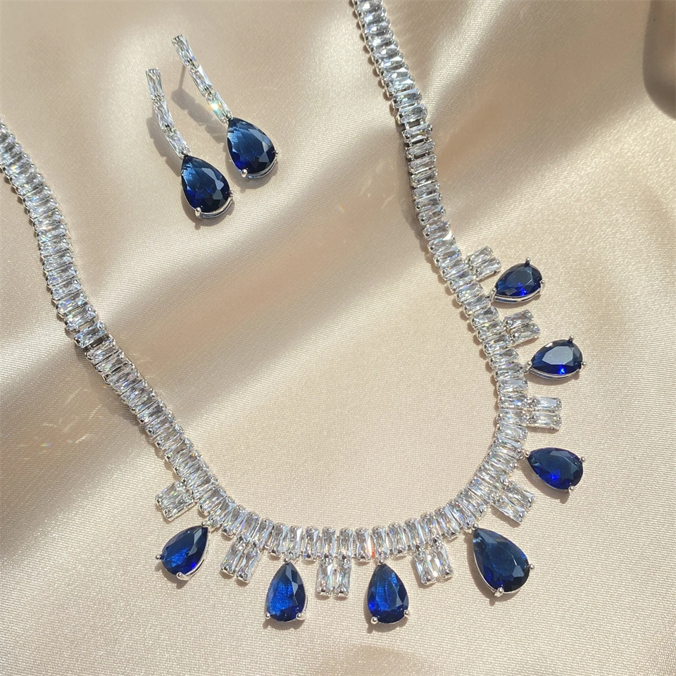 ZAKOL Funkelndes AAA-Kubikzirkonia-Set mit großen Wassertropfen-Ohrringen und Halskette, luxuriöser Brautschmuck für Hochzeiten und Partys – Detail 3