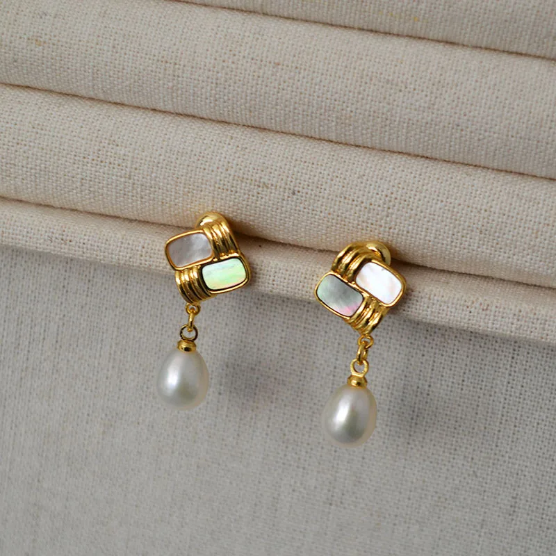 Geometric square colorful shell freshwater pearl stud earrings elegant lady tender drop ear accessory