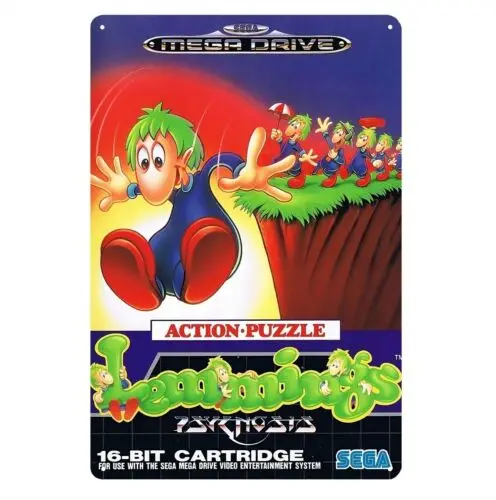 Affiche métallique de jeu vidéo rétro Lemmings Mega Drive, 20x30cm