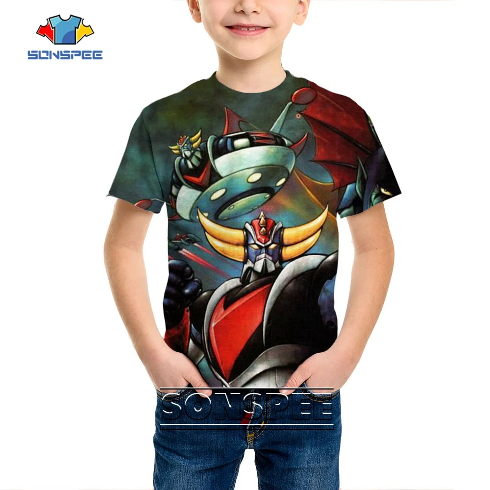 SONSPEE Summer New Vintage Anime Grendizer 3D Print Child T-shirt O-neck Hip Hop Goldorak Kids Tops Punk Robot Shirts Pullover