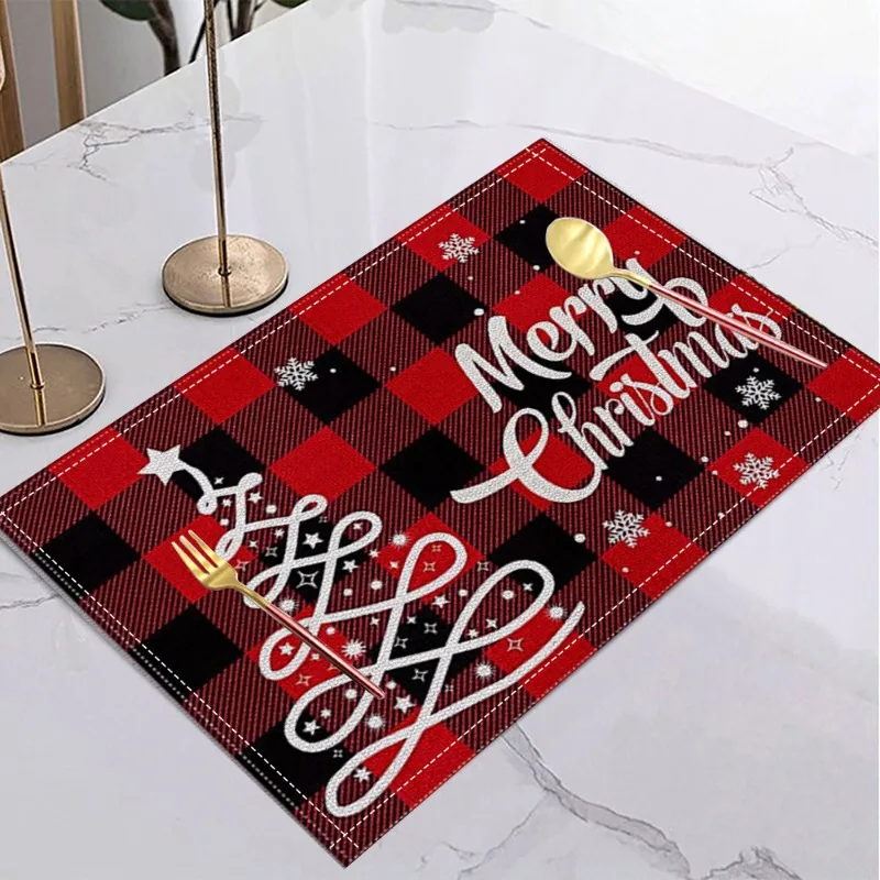 Weihnachten Leinen Tischset Tisch Kaffee Matte Rot Schwarz Plaid Schneeflocke Glocke Kiefer Zweig Dekorative Esszimmer Urlaub Weihnachten Dekor