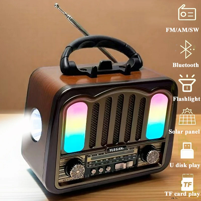 

Портативное винтажное радио FM AM SW, беспроводной RGB-подсветка, Bluetooth-динамик, перезаряжаемая полнодиапазонная радиосвязь с фонариком, слот TF USB