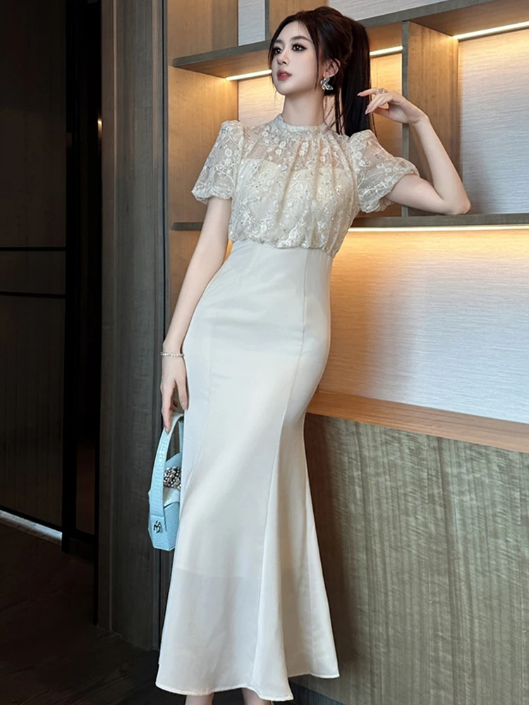 Elegant Style Long Date Dress Women Sweet Gentle Sheer Lace Spliced Sequins High Waist Fishtail Robe Female Party Vestidos Mujer