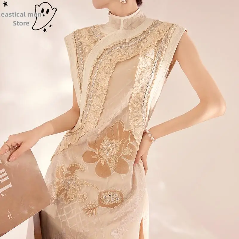 

Luxury Mandarin Collar Chesongam Vest Long Qipao Sleeveless Top Rayon Embroider Flower New Chinese Style Hanfu Costume Gift
