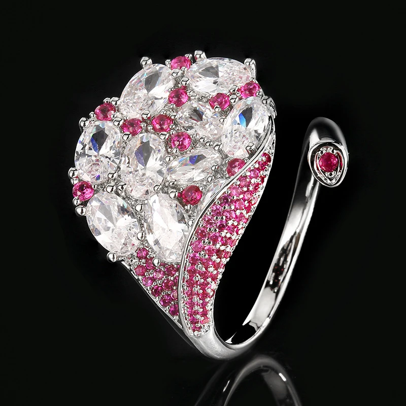 Gold-plated copper high-end fashion full-diamond sea blue ruby inlaid with zircon open ring for women, light luxury colored jewe