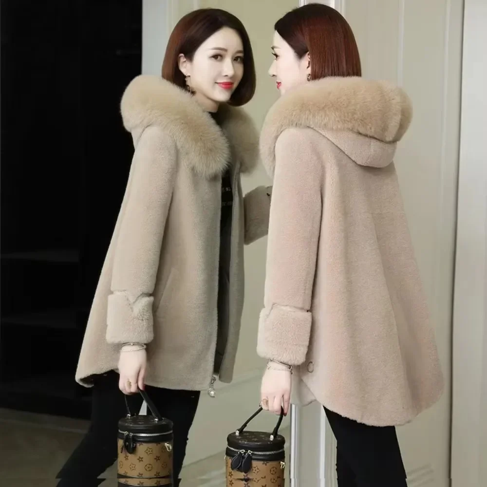 Women Vintage Grain Shearling Coat Fox Fur Lamb Wool Winter Jacket Haining Leather Fur Streetwear Chic Ladies Outerwear