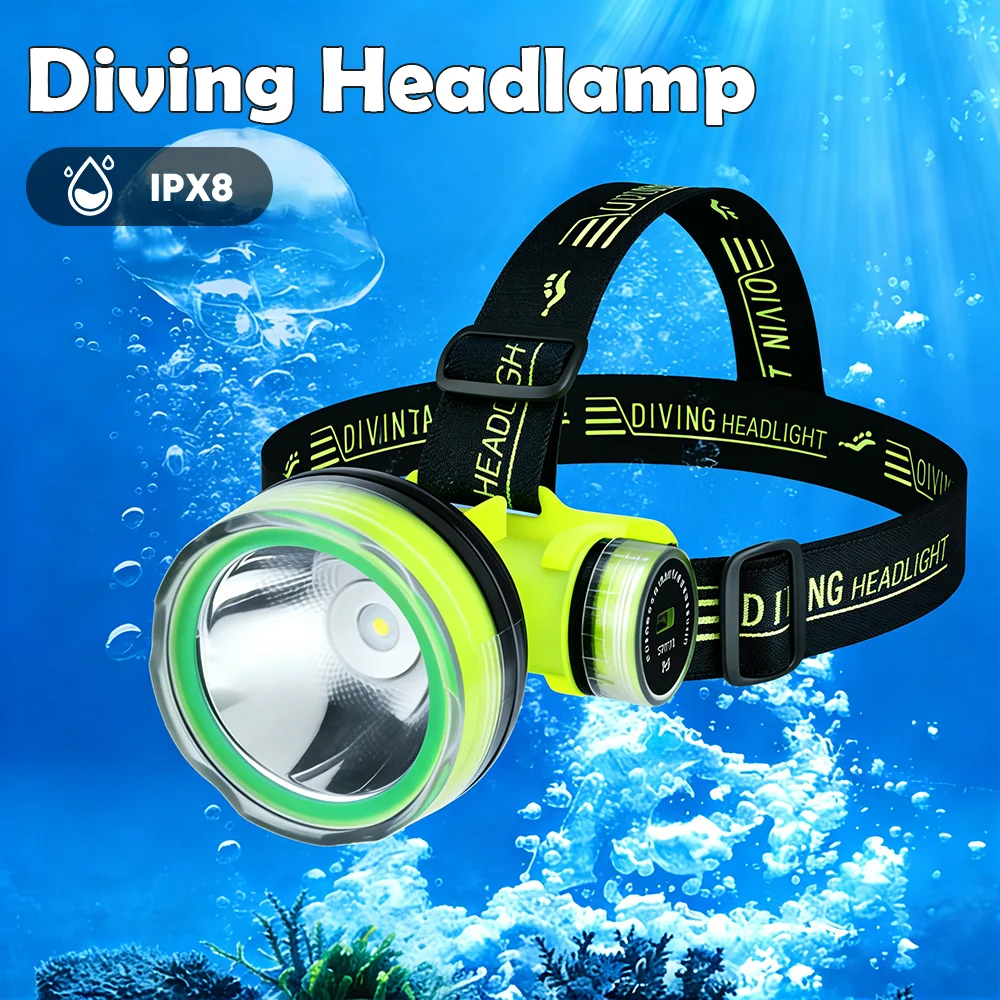 

Налобный фонарь для дайвинга, перезаряжаемый светодиодный фонарик, профессиональный IPX8, водонепроницаемый подводный фонарь, сильный свет, погружной колпачок