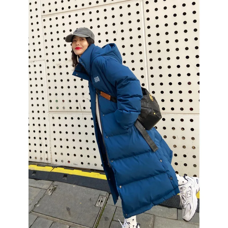 

Blue medium long down jacket for women 2022 New popular bread jacket Winter white duck down jacket Thickened over the knee