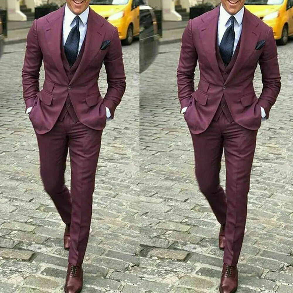3 Piece Burgundy Slim Fit Wedding Suits for Men Groom Notch Lapel Tuxedo Blazer Vest Pants Set Formal Party Prom Costume Homme