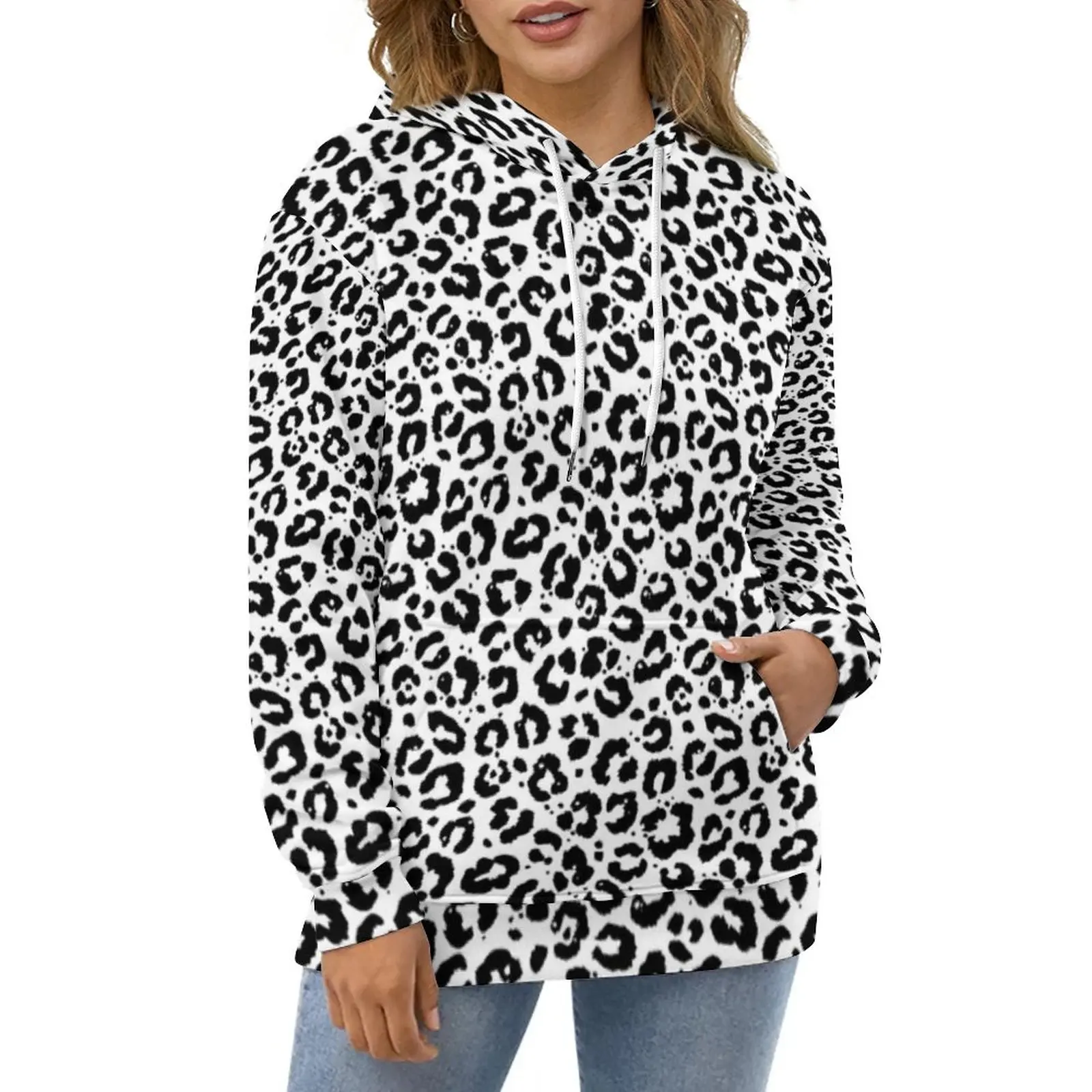 

Black White Leopard Print Hoodies Animale Snow Cheetah Harajuku Casual Pullover Hoodie Long Sleeve Aesthetic Graphic Sweatshirts