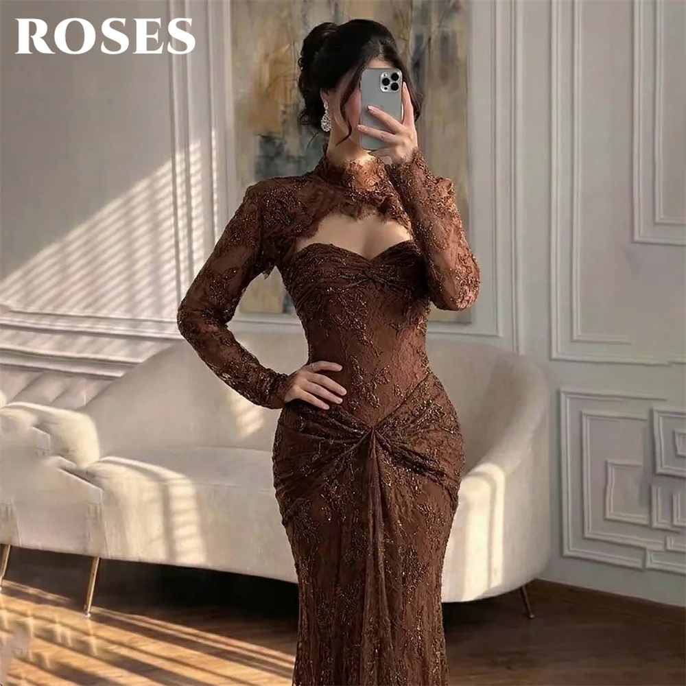 ROSES Brown Mermaid Evening Dress Lace Beaded Formal Gown High Neck Long Sleeve Night Dresses Elegant Prom Dresses Customized