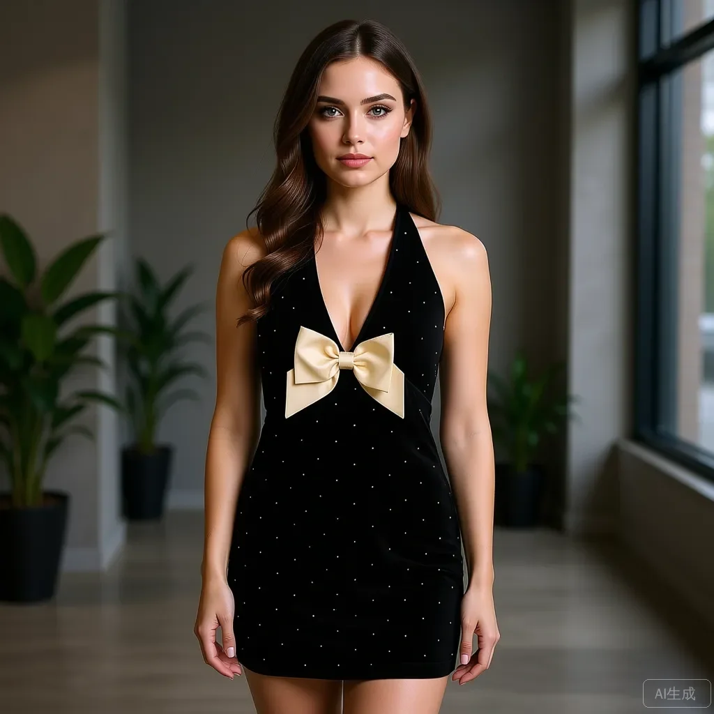 Элегантные черные бархатные мини-платья с лямкой на шее и сверкающими заклепками, кремовый бант, вечернее платье, трендовое бархатное мини-платье с лямкой на шее