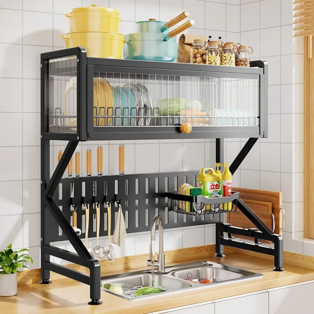 2 Tier Over Sink Dish Drying Rack, Metal Drainer Shelf Freestanding, Cutlery Holder Basket Space-Saving, Kitchen Storage Shelf