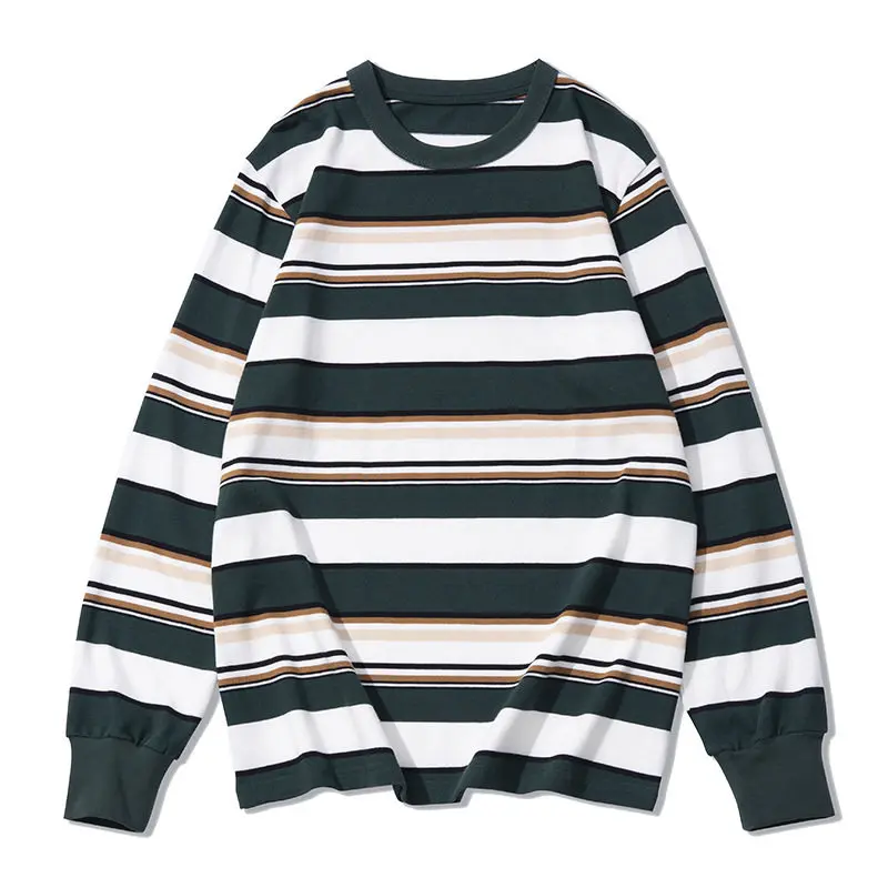 Japanese-style Vintage Heavyweight Round-neck Men's T-shirt Nautical Style Striped Long-sleeved T