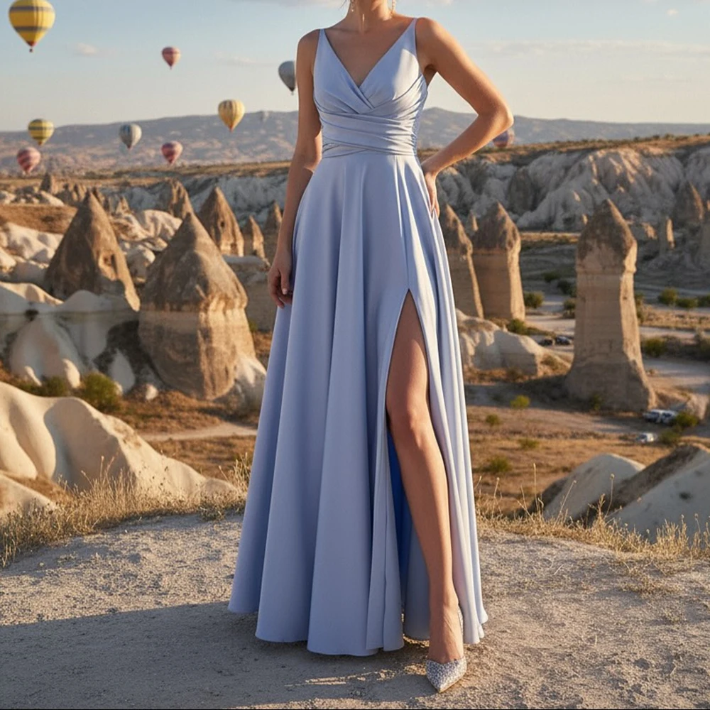 Personalizado a linha vestidos de noite tornozelo-comprimento com decote em v sem mangas vestido de baile moda plissado lado split simples drapeado vestido de festa