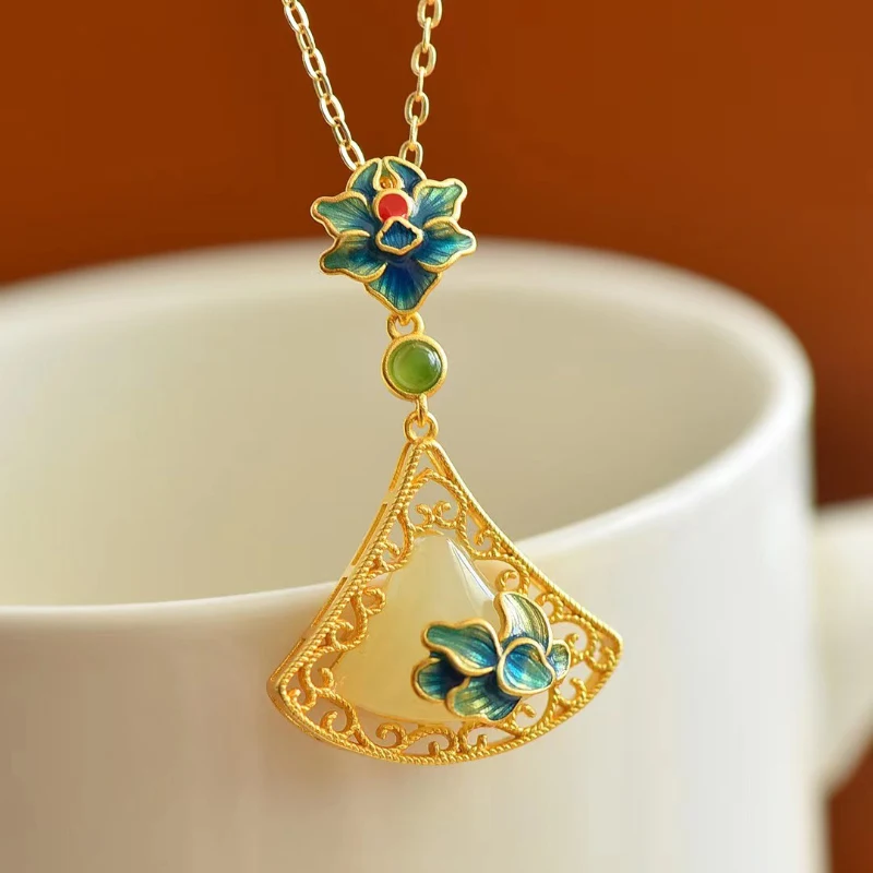 Original Design Inlaid Natural Hetian White Jade Triangle Enamel Porcelain Flower Pendant Openwork Necklace Women's Jewelry
